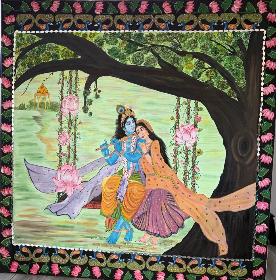 Radha Krishna on the Swing - Pichwai Painting on Cloth (alternate view)
