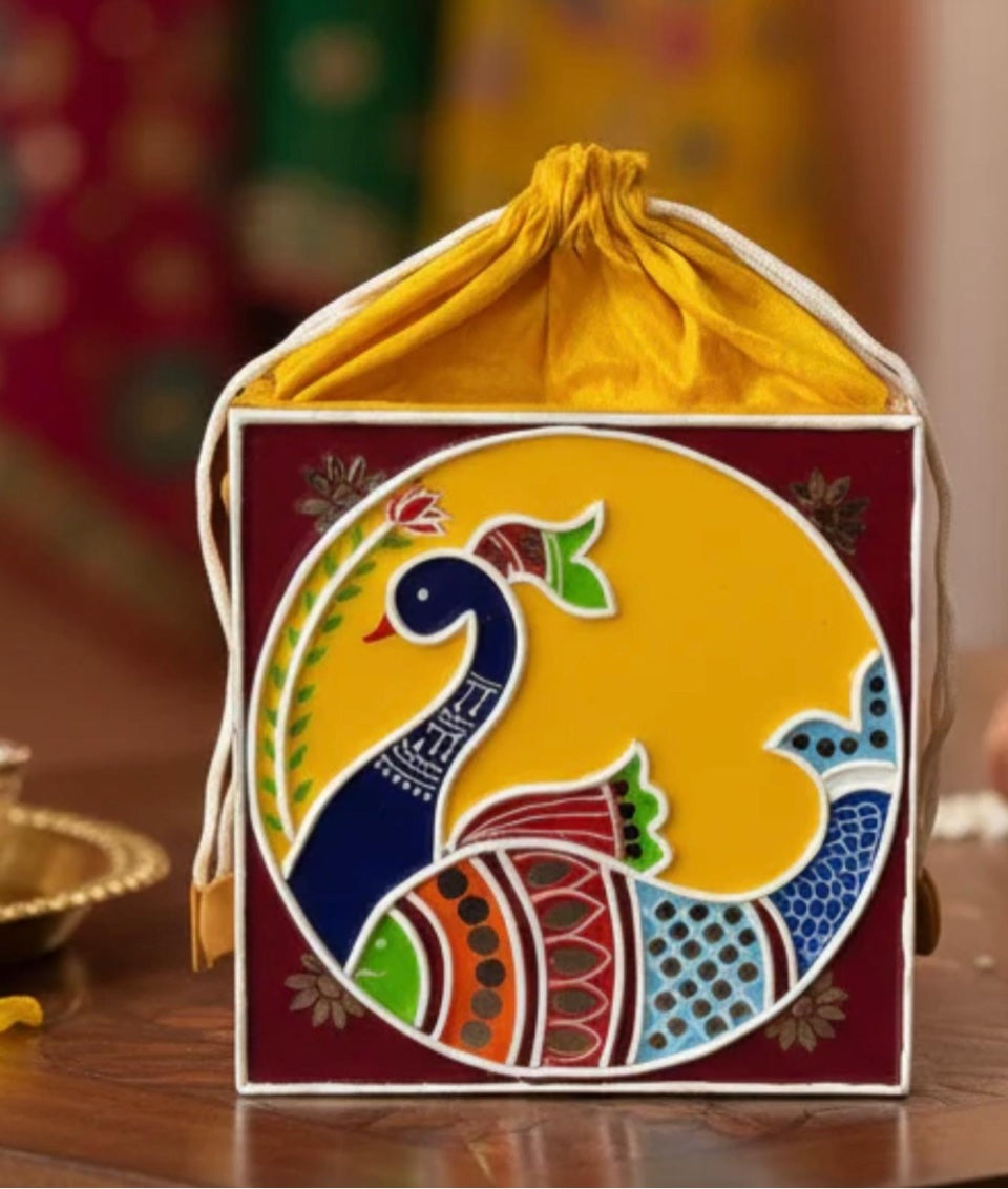 Sunset Peacock Potli - Maroon and Yellow Lippan Art