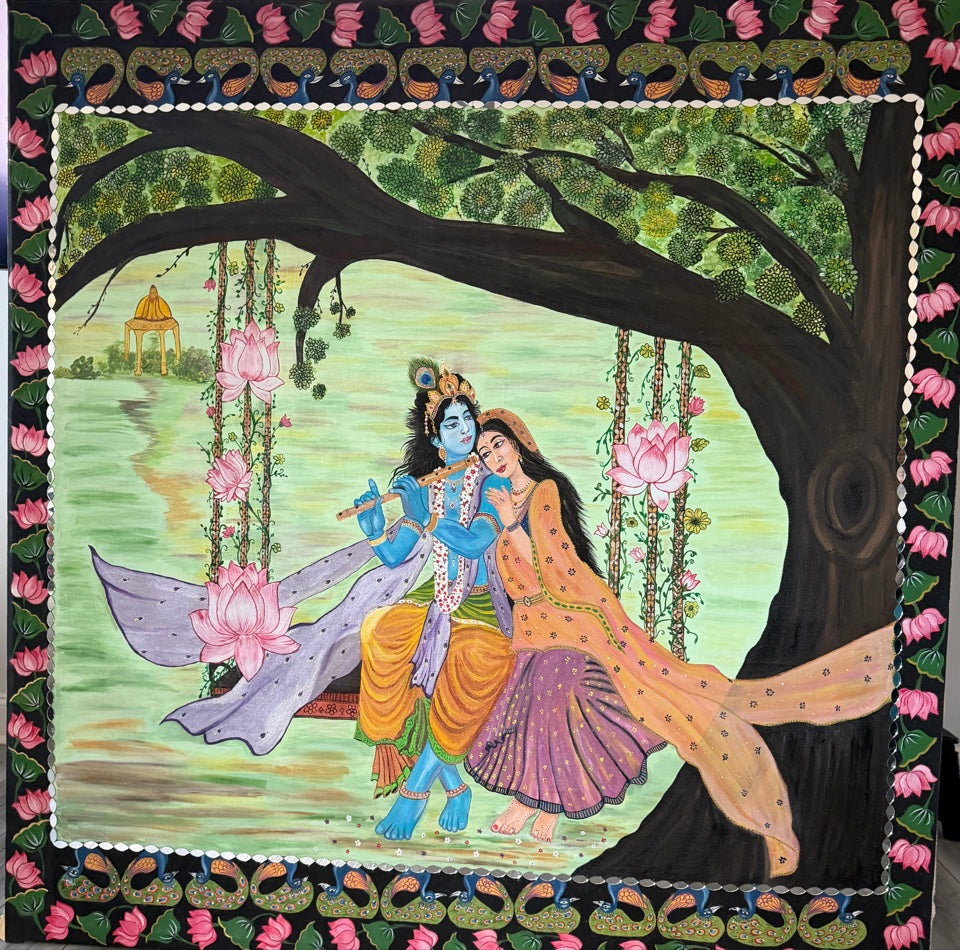Radha Krishna on the Swing - Pichwai Painting on Cloth
