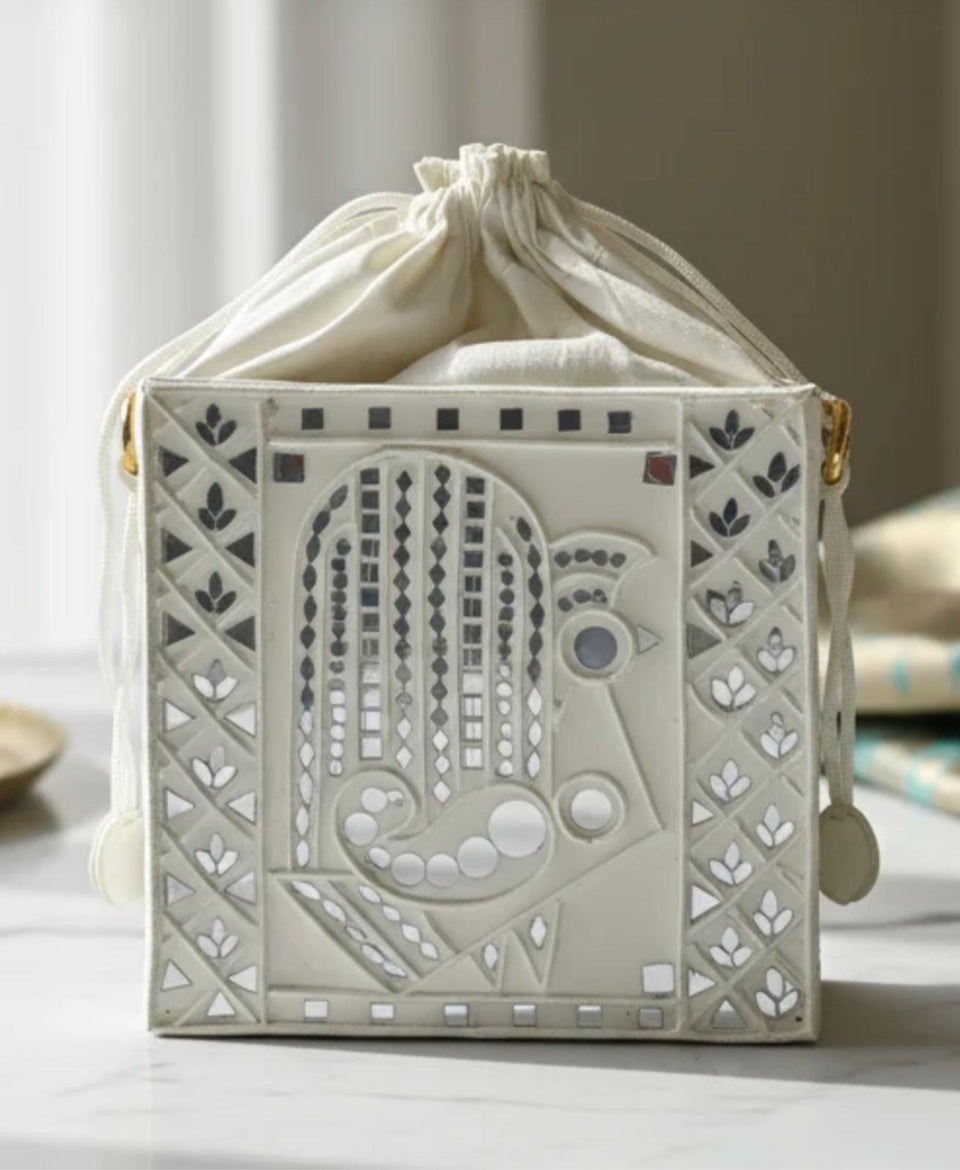 White Mirror Potli Lippan Art Bag