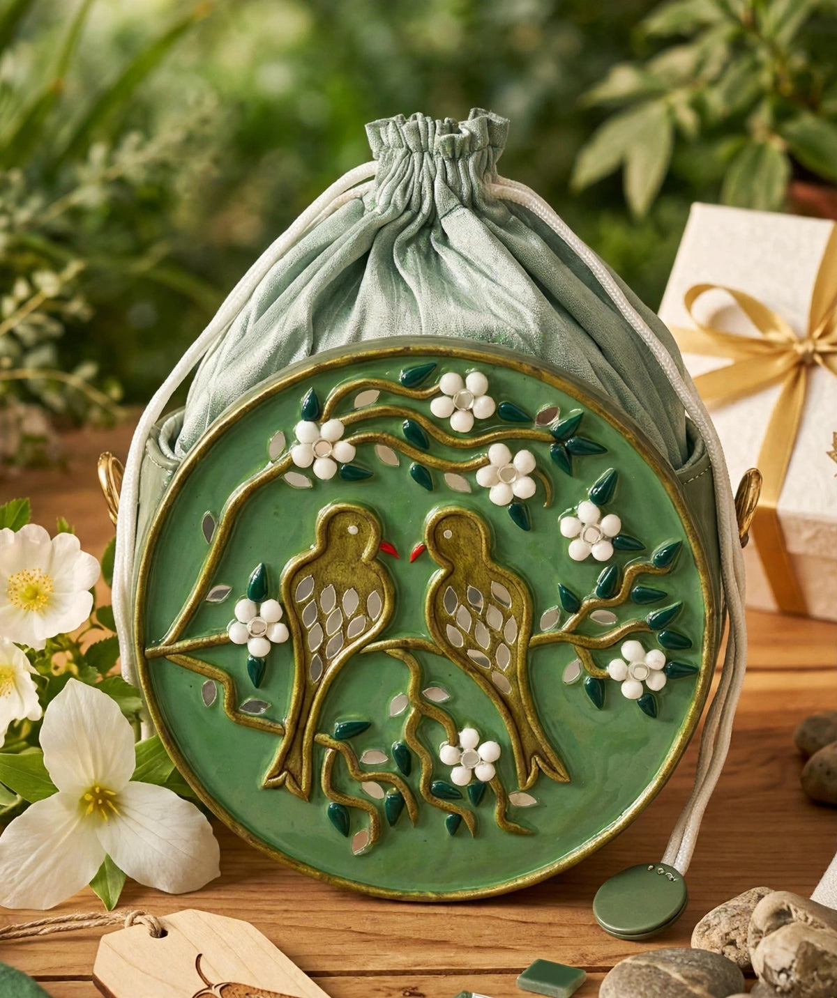 Green Bird Potli Lippan Art Bag