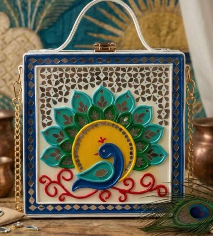 Peacock Sun Lippan Art Box Purse